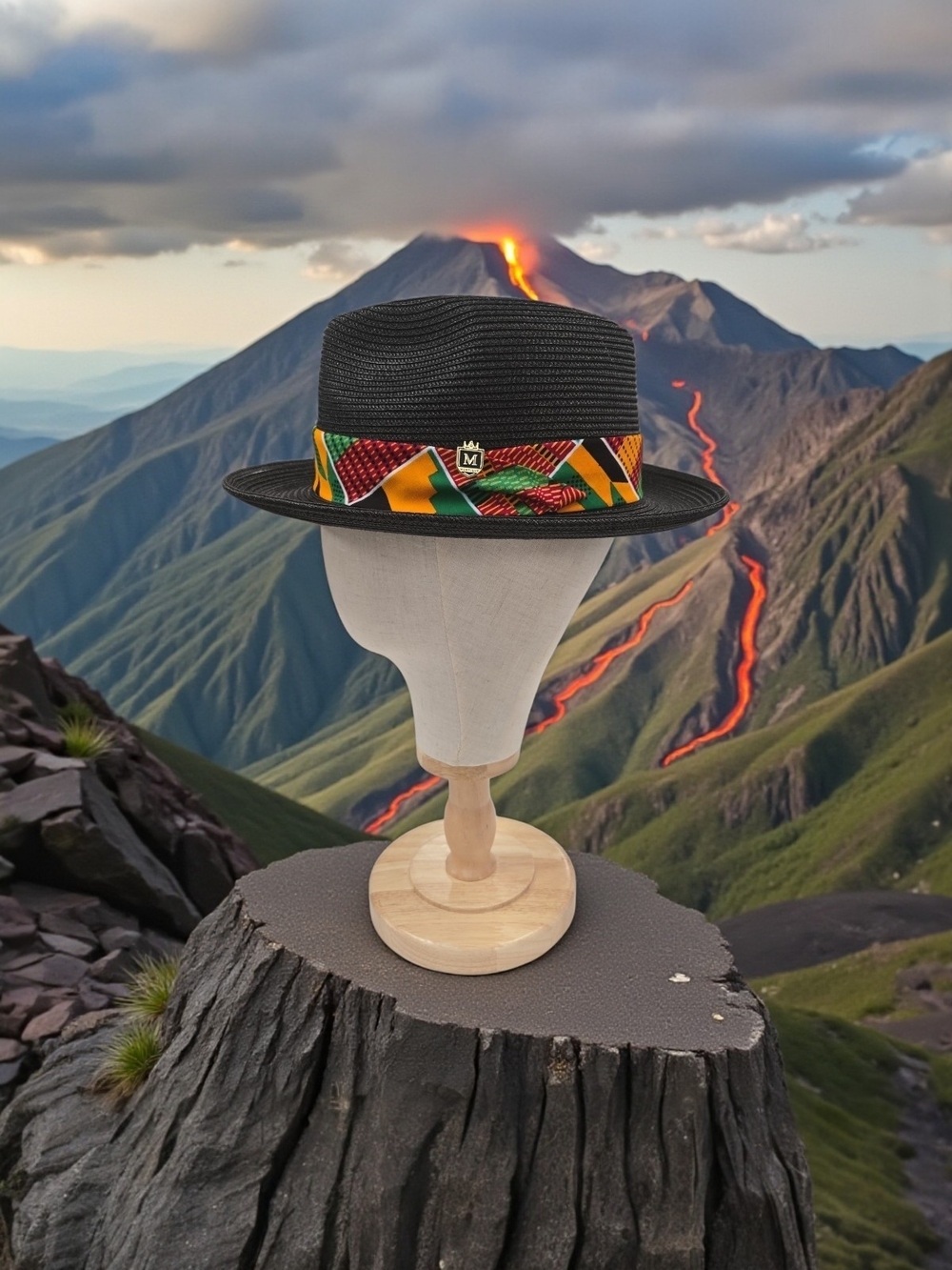 MONTIQUE MENS BLACK BRAIDED STRAW FEDORA HAT WITH KENTE PRINT BAND. H107